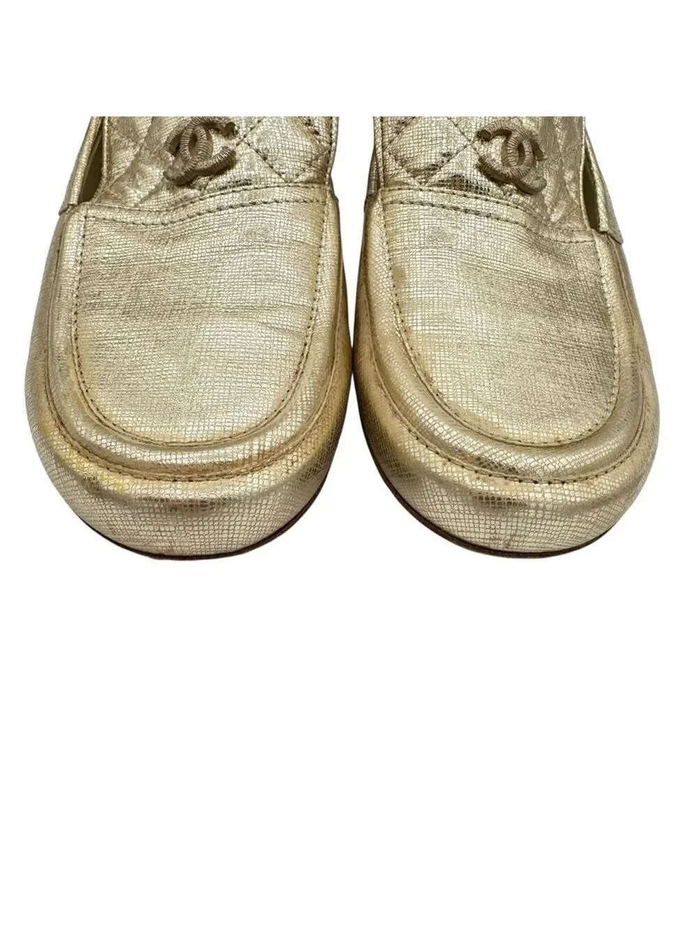 CHANEL Metallic Gold Quilted Leather Loafers Size 40 Wide (fits a 9)